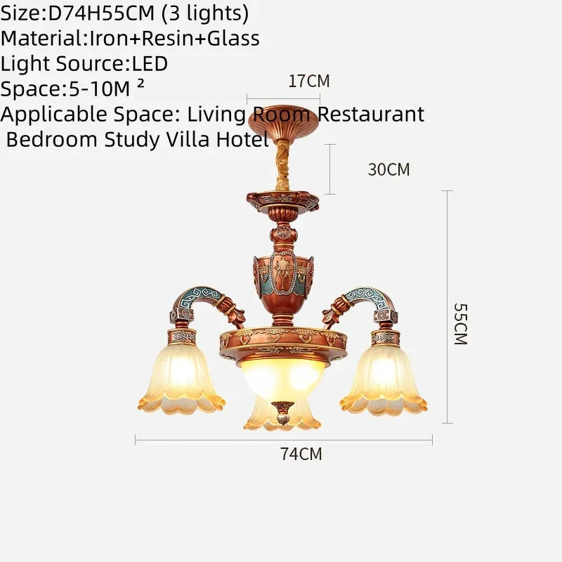 Lustre européen de luxe rétro en fer avec verre dépoli