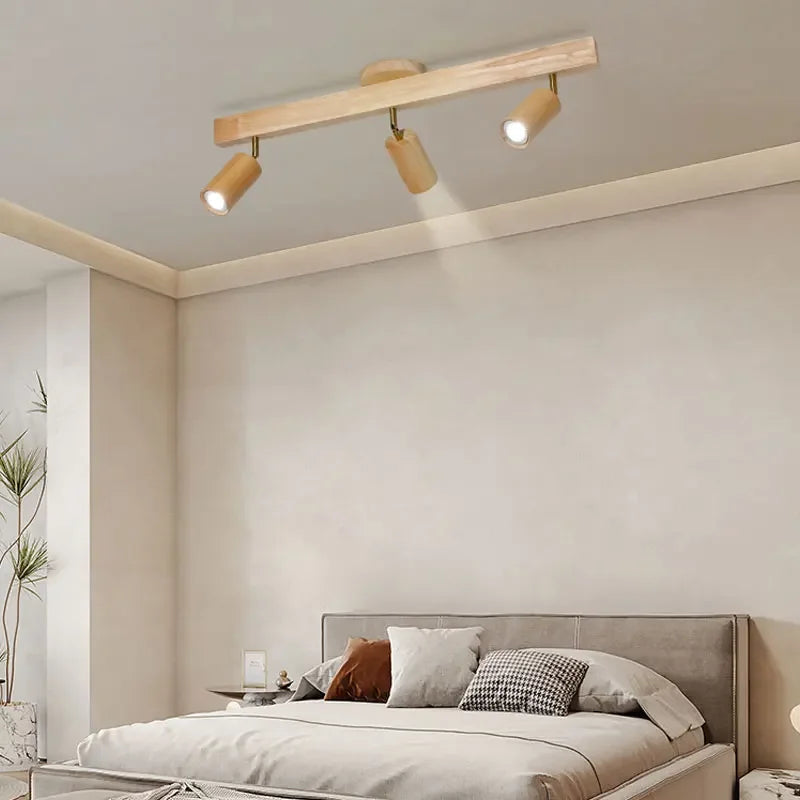 Élise Japanese Modern Wooden LED Ceiling Track Spotlight Chandelier