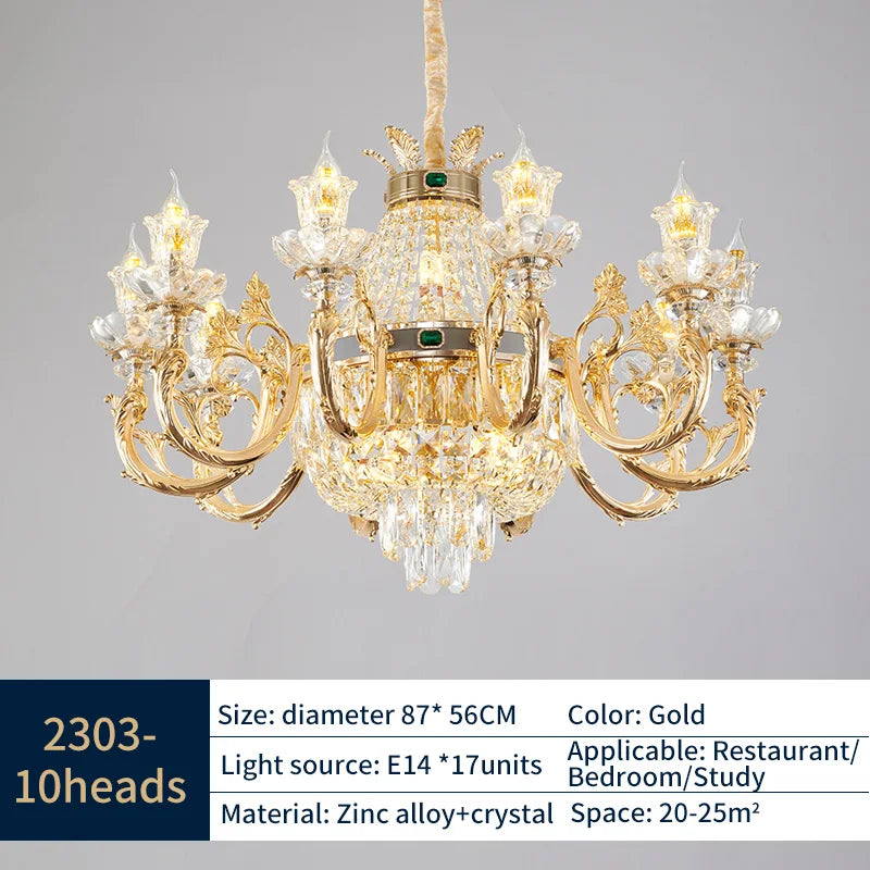 Lustre Bougie Cristal Doré pour Villa Duplex et Hall d'Hôtel