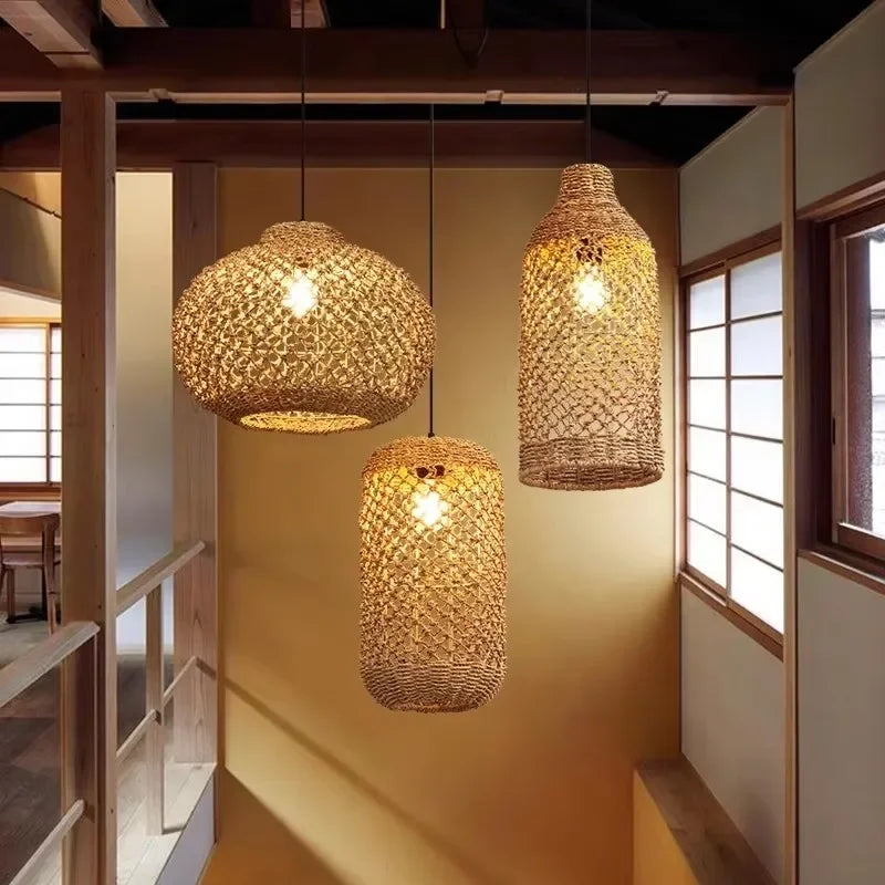 Élise Japanese Rattan Pendant Light E27 Woven LED Chandelier Beige
