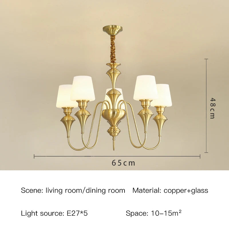 Lustre de plafond classique en cuivre avec abat-jour en verre dépoli pour salon