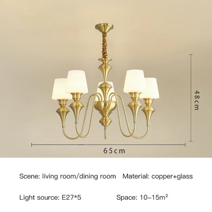 Lustre de plafond classique en cuivre avec abat-jour en verre dépoli pour salon