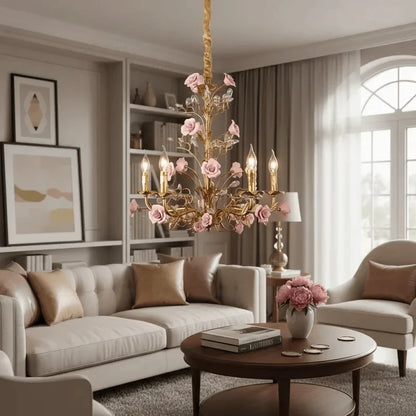 Suspension Chloé Fleur en céramique or rose à 5 lumières