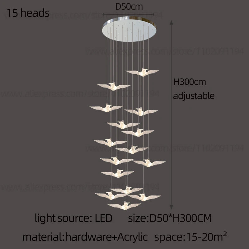 Lustre suspension d'escalier LED Delphine Swallow Bird