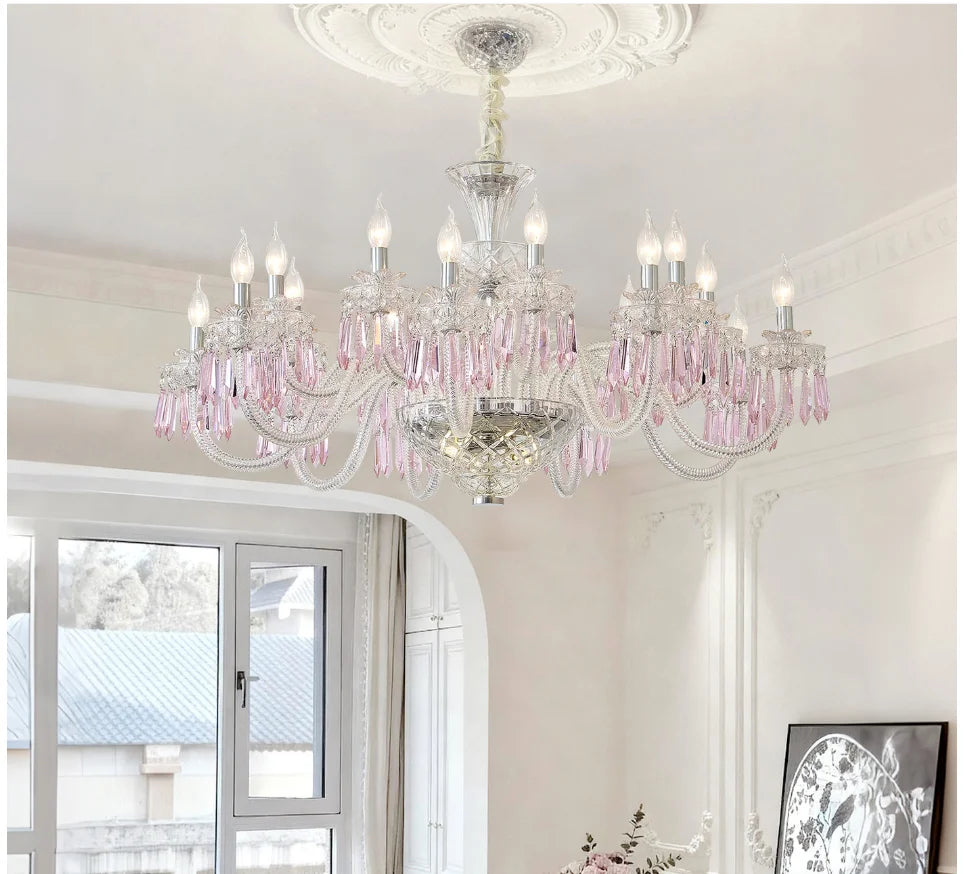 Romantic Crysatl Candle Chandelier Luxury Glass Pink Decora E14 Pendant Lights D68cm H52cm Art Decor Led Lamparas Bedroom Lamp