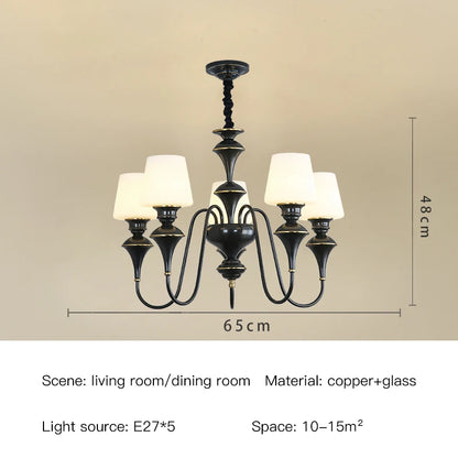 Lustre de plafond classique en cuivre avec abat-jour en verre dépoli pour salon