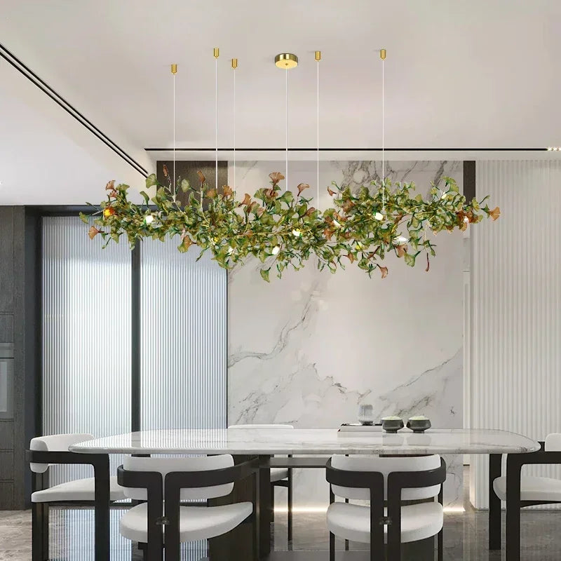 Lustre de luxe en forme de feuille de ginkgo et de branche en verre