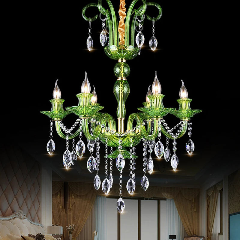 Lustre moderne de luxe en cristal vert, design feuille de lotus ondulée, suspension LED pour chambre, hall d'hôtel, couloir et restaurant