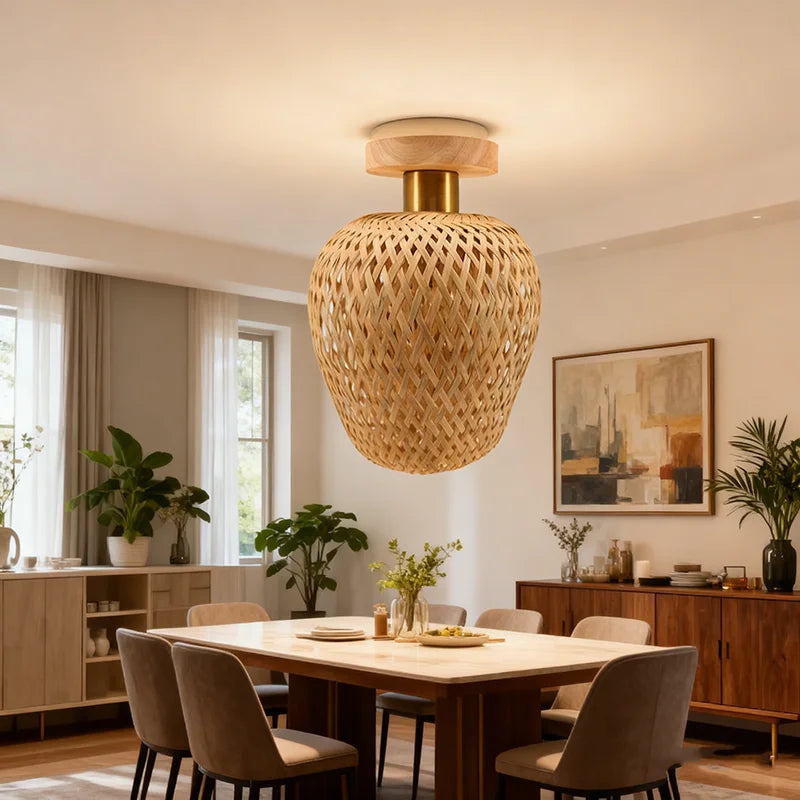 Suspension lanterne en bambou Élise E27 Lampe de plafond en osier
