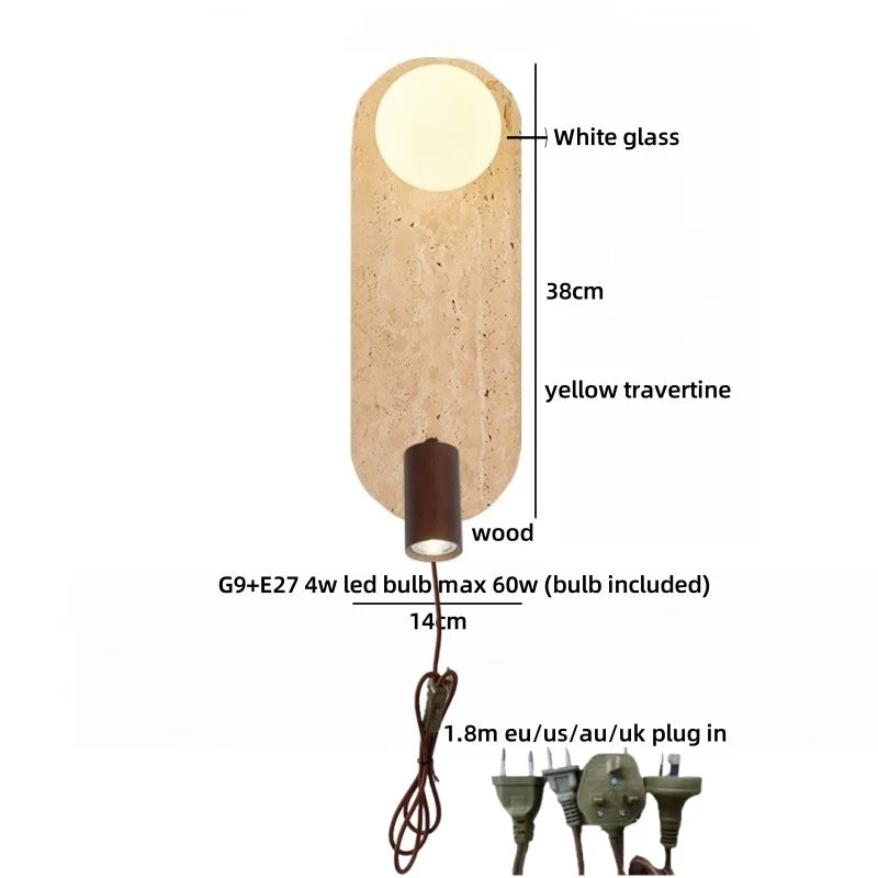 Applique murale LED Sophie en travertin jaune et bois Wabi Sabi