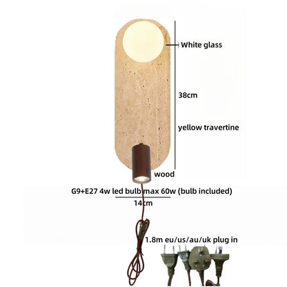 Applique murale LED Sophie en travertin jaune et bois Wabi Sabi