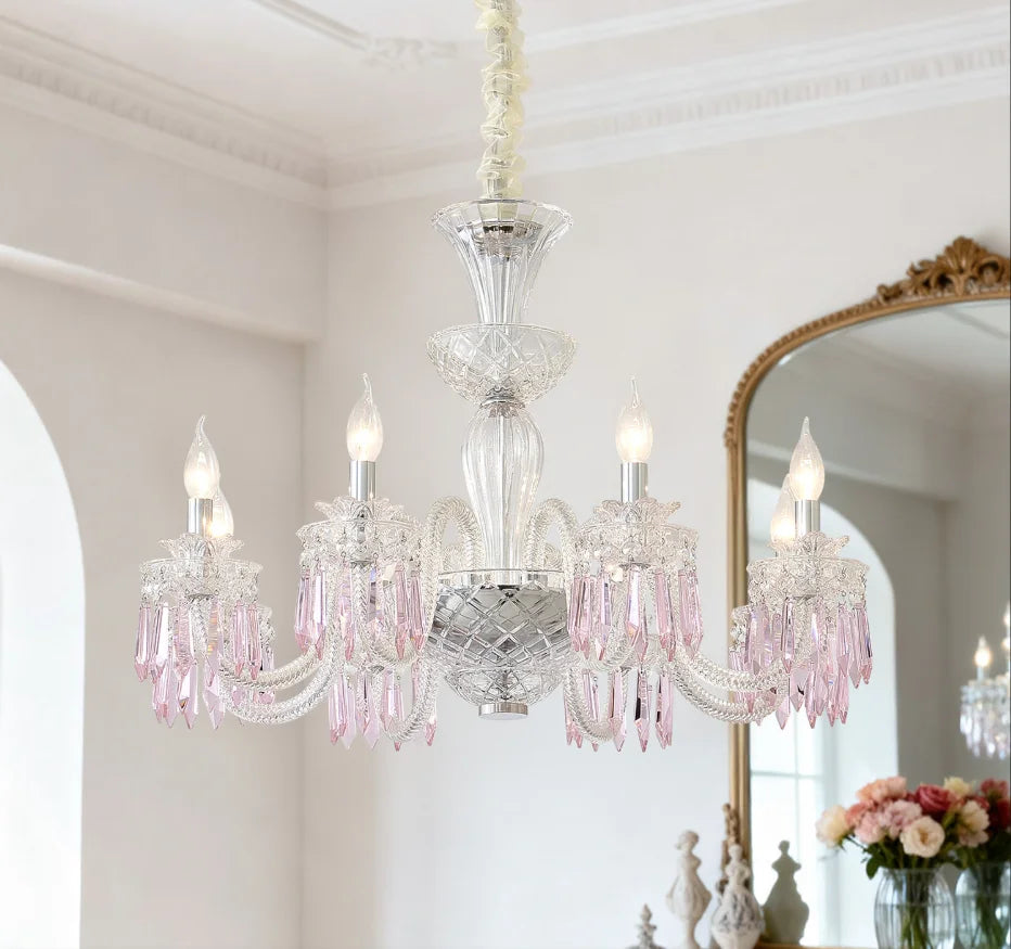Romantic Crysatl Candle Chandelier Luxury Glass Pink Decora E14 Pendant Lights D68cm H52cm Art Decor Led Lamparas Bedroom Lamp