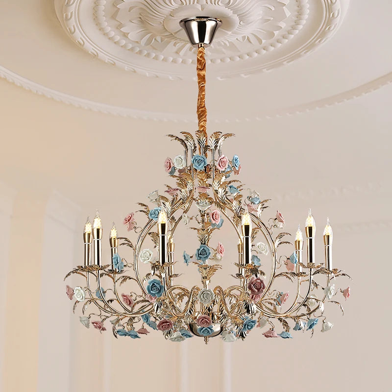 Lustre LED Camille en céramique florale européenne Rose Art déco moderne