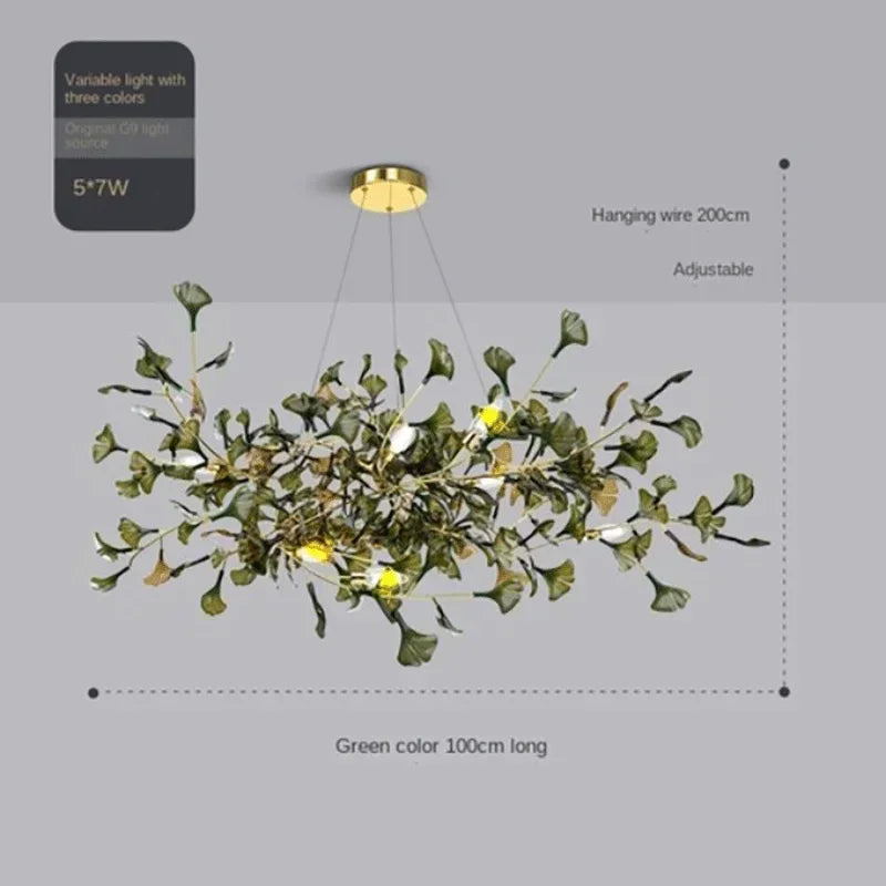 Lustre de luxe en forme de feuille de ginkgo et de branche en verre