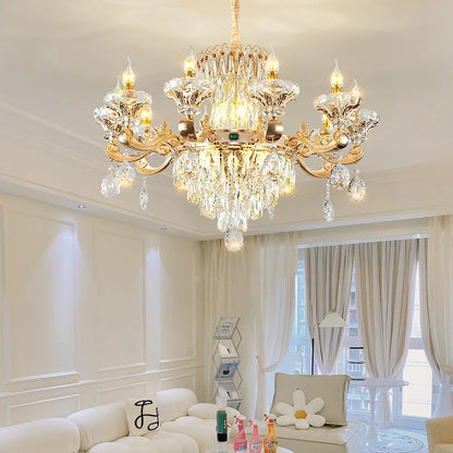 Lustre Bougie Cristal Doré pour Villa Duplex et Hall d'Hôtel