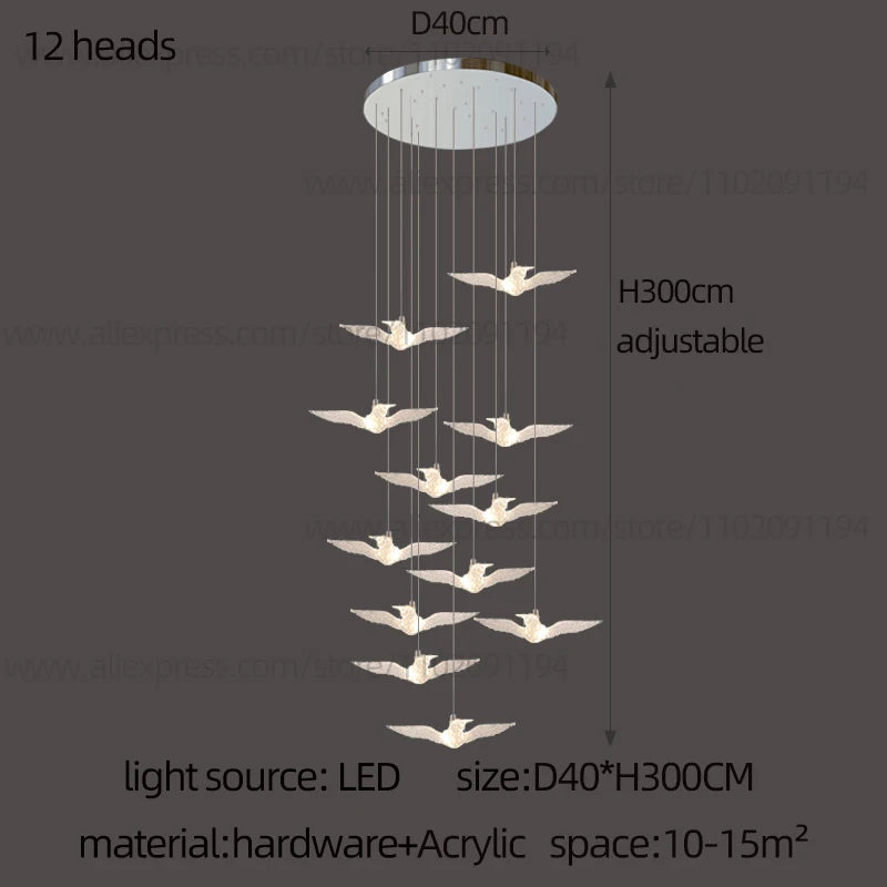 Lustre suspension d'escalier LED Delphine Swallow Bird