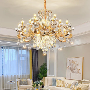 Lustre Bougie Cristal Doré pour Villa Duplex et Hall d'Hôtel