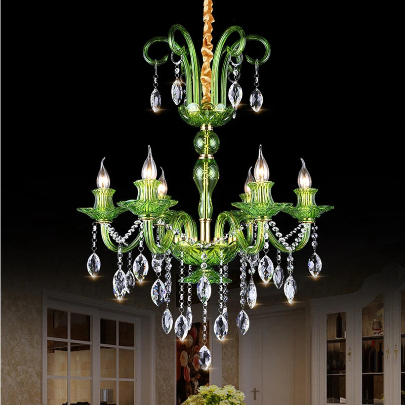 Lustre moderne de luxe en cristal vert, design feuille de lotus ondulée, suspension LED pour chambre, hall d'hôtel, couloir et restaurant