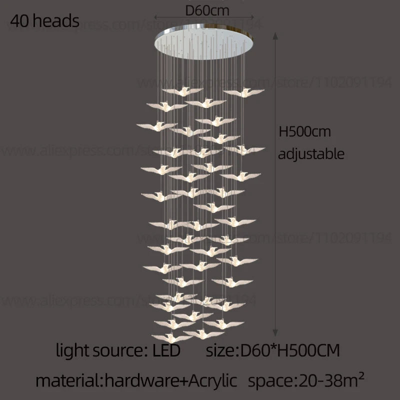 Lustre suspension d'escalier LED Delphine Swallow Bird