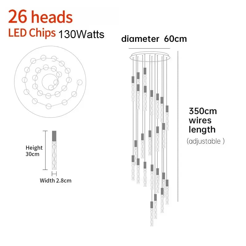 Lustre d'escalier Sophie à spirale de cristal et LED