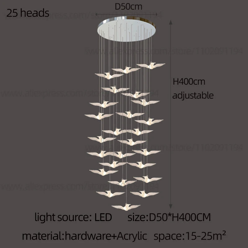 Lustre suspension d'escalier LED Delphine Swallow Bird