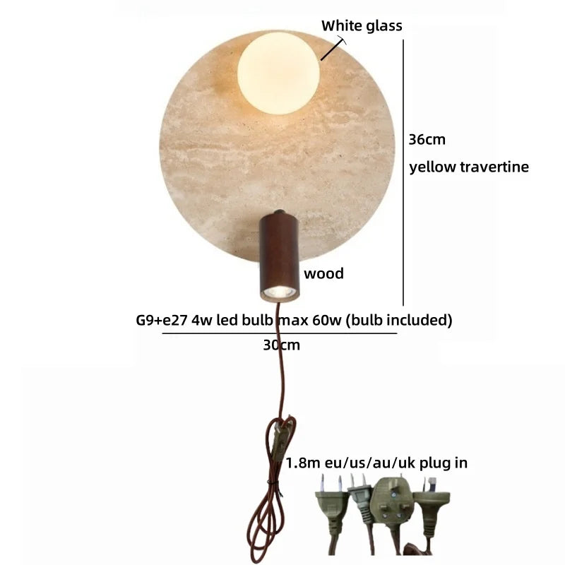 Applique murale LED Sophie en travertin jaune et bois Wabi Sabi