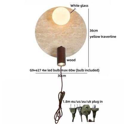 Applique murale LED Sophie en travertin jaune et bois Wabi Sabi