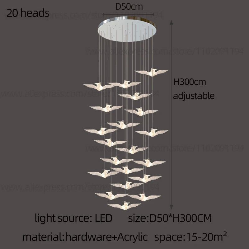 Lustre suspension d'escalier LED Delphine Swallow Bird