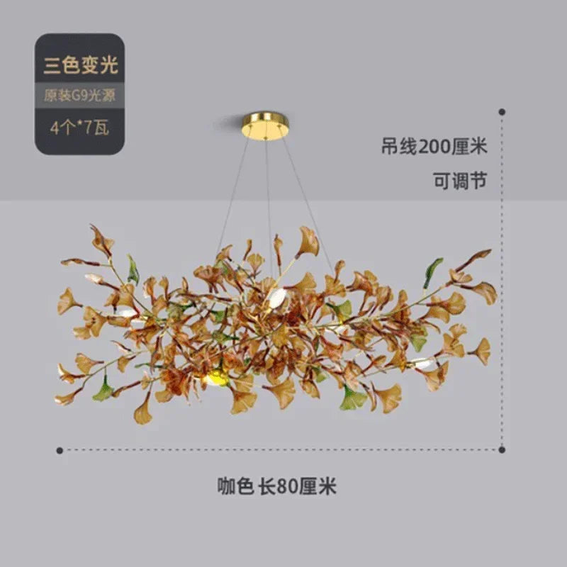 Lustre de luxe en forme de feuille de ginkgo et de branche en verre