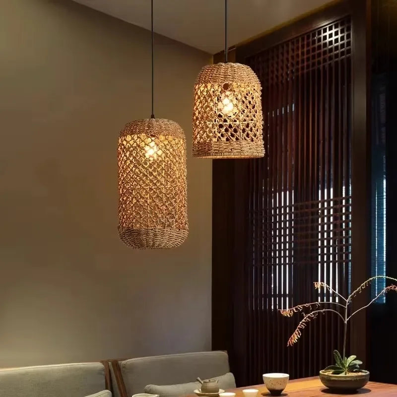 Élise Japanese Rattan Pendant Light E27 Woven LED Chandelier Beige