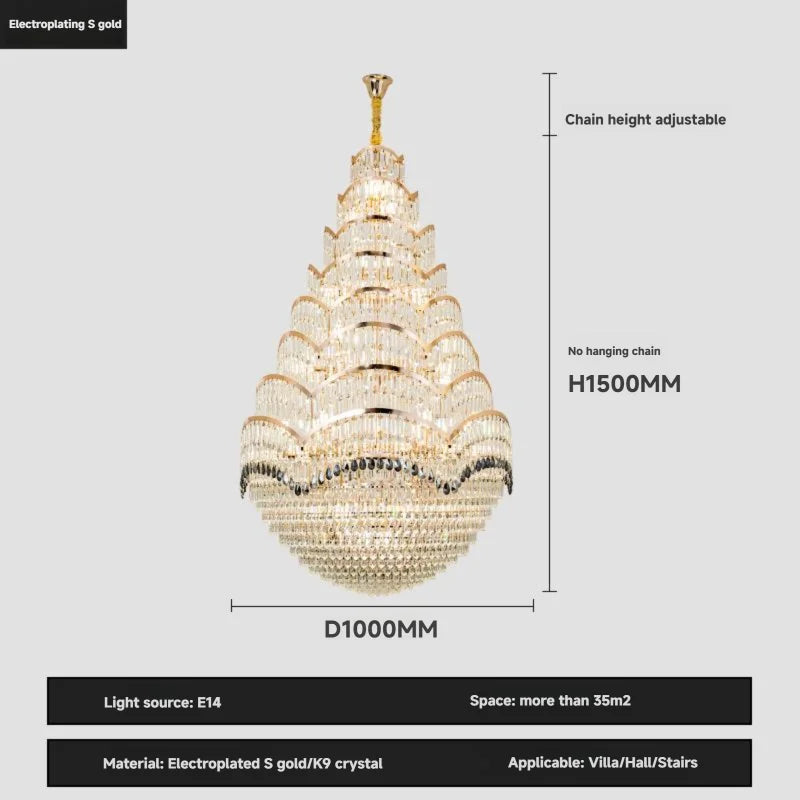 Grand lustre pendentif en cristal pour espaces à haut plafond