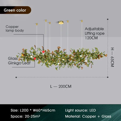Lustre de luxe en forme de feuille de ginkgo et de branche en verre