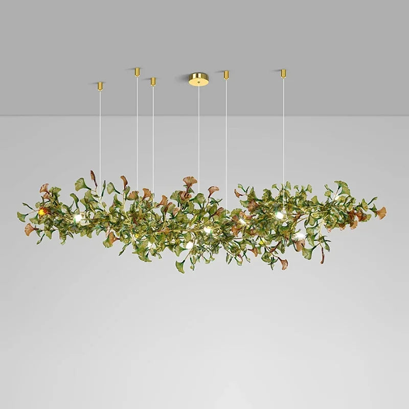 Lustre de luxe en forme de feuille de ginkgo et de branche en verre
