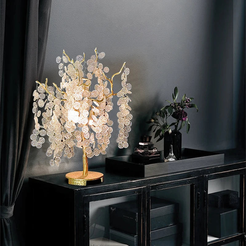 Lampadaire LED doré Aurélien en forme de branche d'arbre en cristal