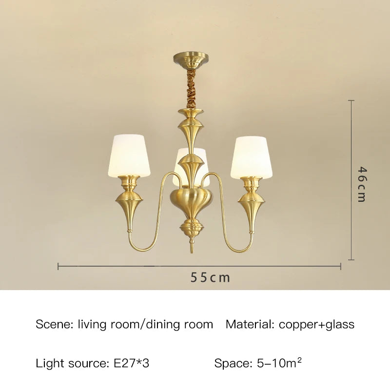 Lustre de plafond classique en cuivre avec abat-jour en verre dépoli pour salon