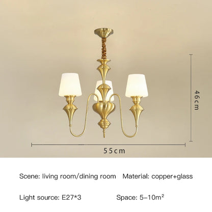 Lustre de plafond classique en cuivre avec abat-jour en verre dépoli pour salon