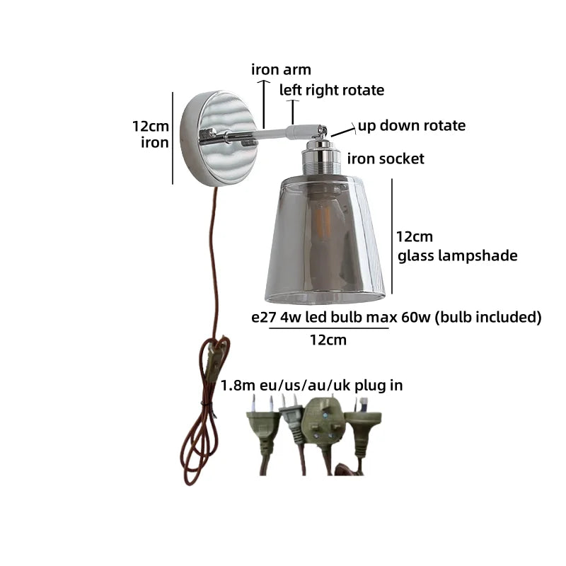 Clara Vintage Industrial Iron LED Wall Lamp Pull Chain
