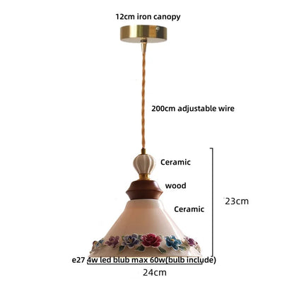Suspension LED en céramique Fleur Rose Élise, en bois nordique