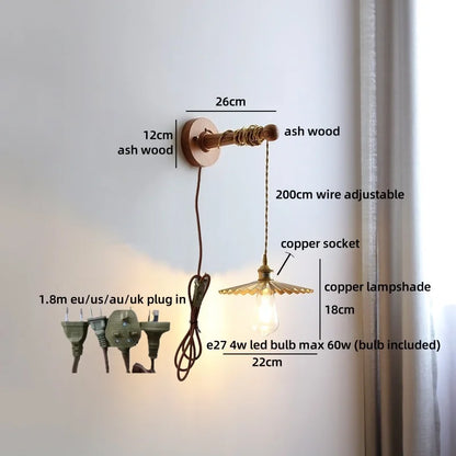 Madeleine Vintage Brass Wall Lamp with Ash Wood Base