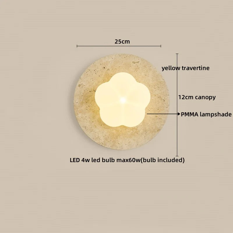 Applique murale LED Sophie en travertin jaune et bois Wabi Sabi