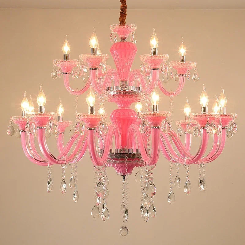 Lustre suspendu Art Candle en cristal rose pour chambre à coucher | Chambre d'enfant Chambre d'adolescent Salon Restaurant