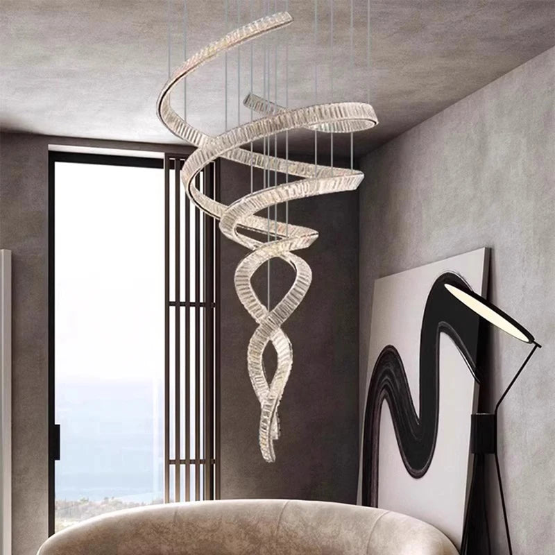 Lustre d'escalier Elara moderne en cristal avec LED, télécommande/contrôle tactile