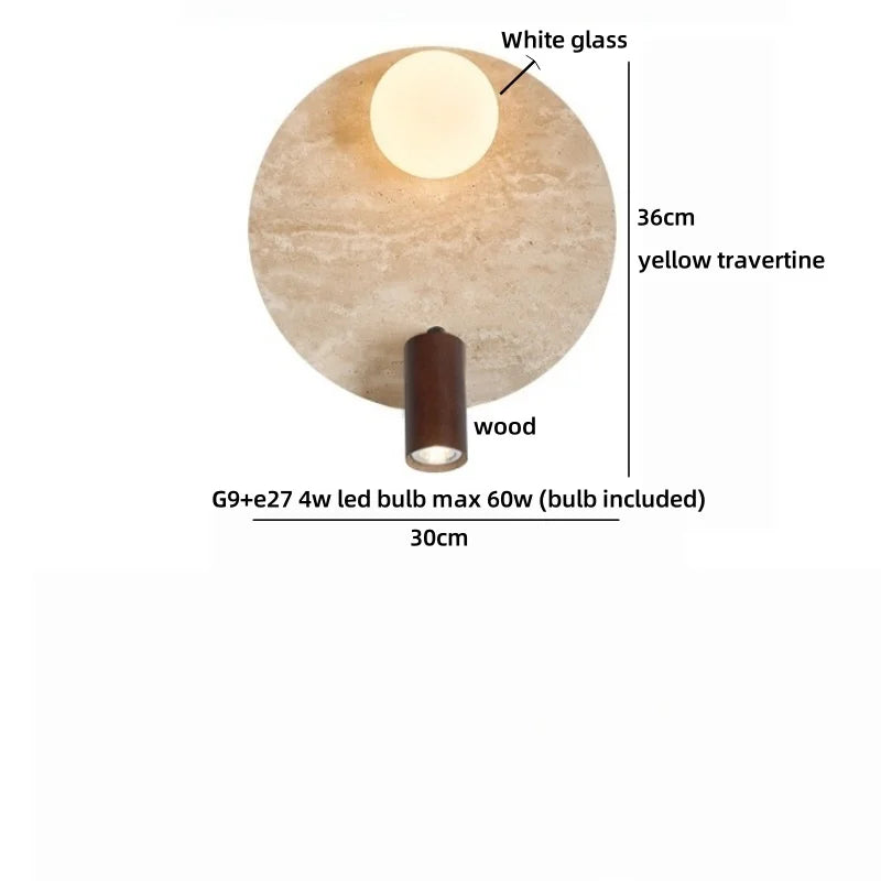 Applique murale LED Sophie en travertin jaune et bois Wabi Sabi
