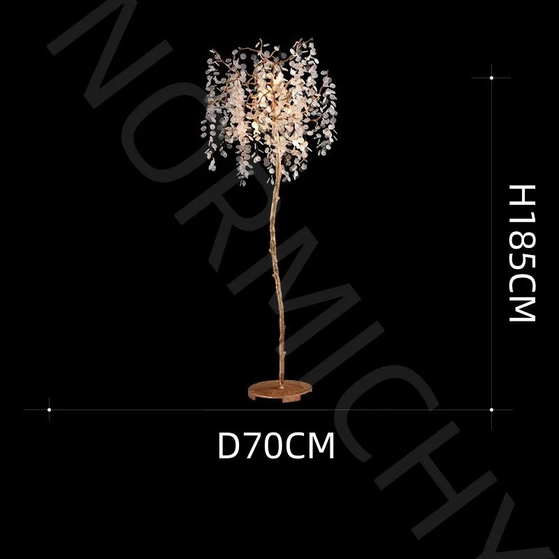 Lampadaire LED doré Aurélien en forme de branche d'arbre en cristal