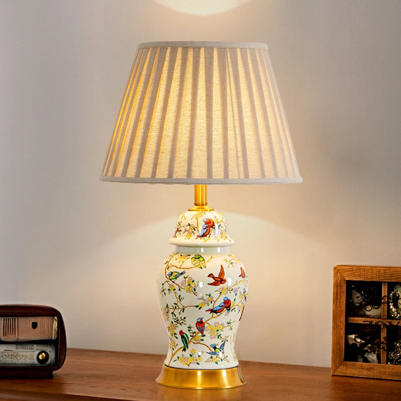 Floral Bird Ceramic Table Lamp with Fabric Shade for Bedroom Study