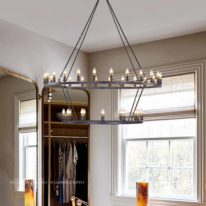 Lustre américain en forme de roue de chariot – Suspension rétro industrielle en forme de bougie pour café, restaurant, bar et salon