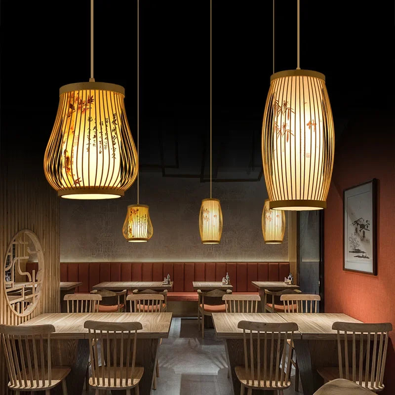 Suspension Élysée Bambou Zen Lanterne E27 Style Chinois Lumière Tressée