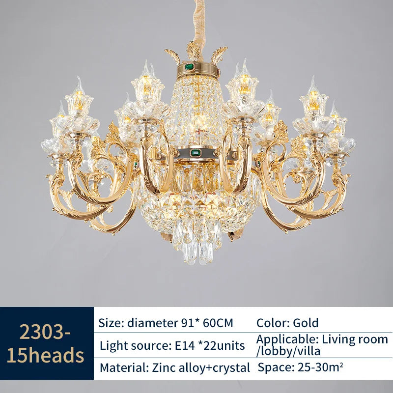 Lustre Bougie Cristal Doré pour Villa Duplex et Hall d'Hôtel