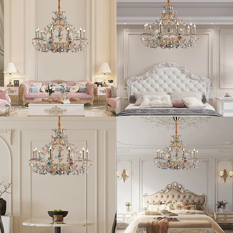 Lustre LED Camille en céramique florale européenne Rose Art déco moderne
