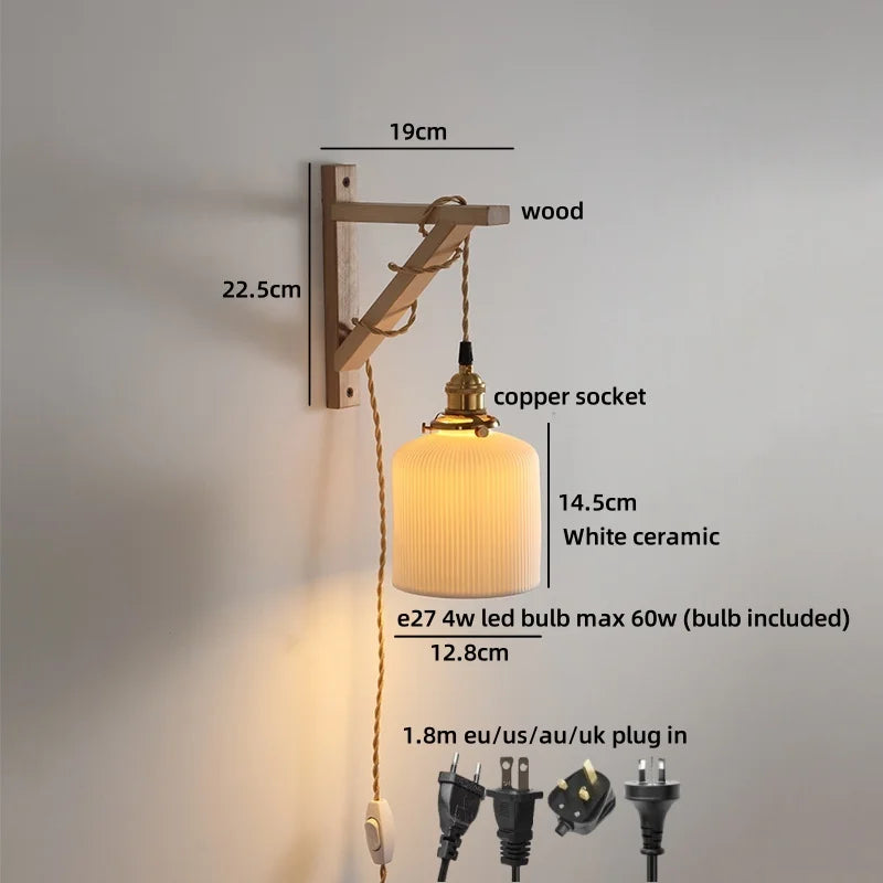 Élodie Nordic Ceramic Wood LED Wall Lamp E27 Plug